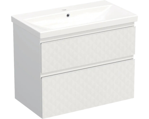 Set mobilier baie suspendat Jungborn TRENTA 80 cm geometric alb mâner alb Dulap inferior pentru lavoar cu două sertare și model geometric