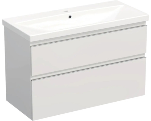 Set mobilier baie suspendat Jungborn TRENTA 100 cm alb lucios mâner crom Dulap de bază pentru lavoar cu două sertare