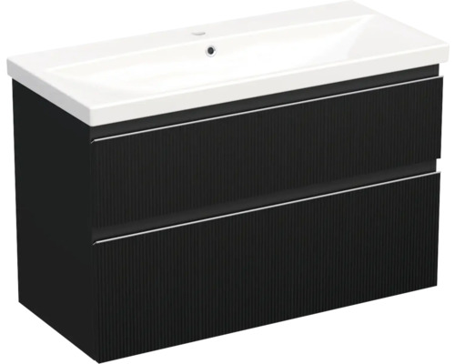 Set mobilier baie suspendat Jungborn TRENTA 100 cm riflaj 1 negru Dulap inferior pentru lavoar cu două sertare și lavoar dreptunghiular