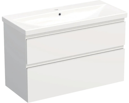 Set mobilier baie suspendat Jungborn TRENTA 100 cm alb mat mâner alb Dulap de bază pentru lavoar cu două sertare