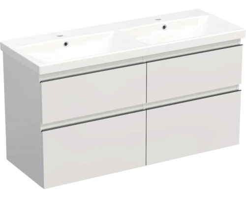 Set mobilier baie suspendat Jungborn TRENTA 120 cm alb lucios mâner negru Dulap de bază pentru lavoar cu două chiuvete și patru sertare
