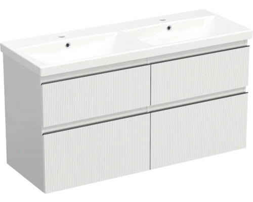 Set mobilier baie suspendat Jungborn TRENTA 120 cm riflaj alb mâner negru Dulap de bază pentru lavoar cu două lavoare și patru sertare