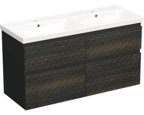Set mobilier baie suspendat Jungborn TRENTA 120 cm negru-maro mâner negru Dulap inferior pentru lavoar cu două chiuvete și patru sertare