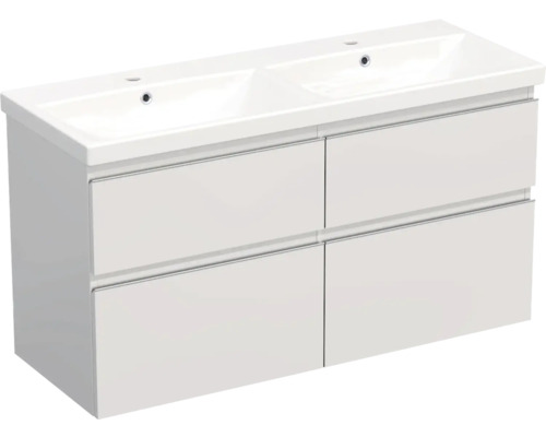 Set mobilier baie suspendat Jungborn TRENTA 120 cm alb lucios mâner crom Dulap de bază pentru lavoar cu două chiuvete și patru sertare