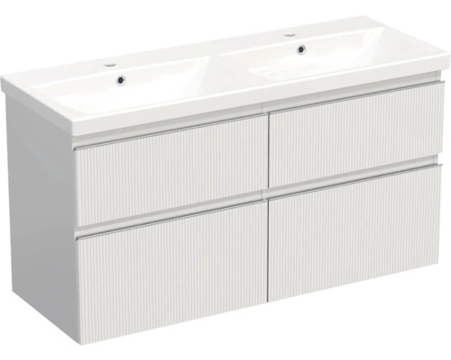 Set mobilier baie suspendat Jungborn TRENTA 120 cm riflaj alb mâner crom Dulap de lavoar cu două chiuvete și patru sertare