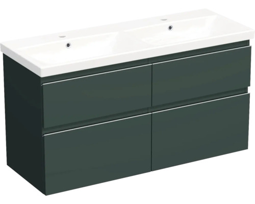 Set mobilier baie suspendat Jungborn TRENTA 120 cm verde salvie mat mâner crom Dulap de bază pentru lavoar cu lavoar dublu și patru sertare