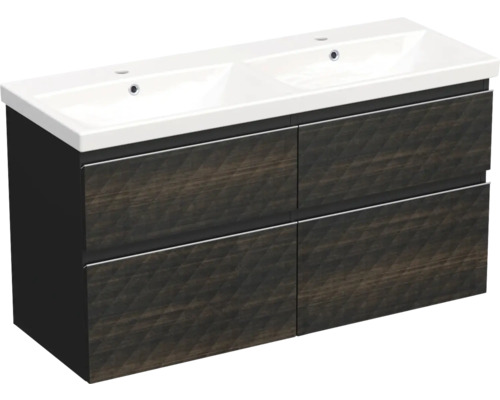 Set mobilier baie suspendat Jungborn TRENTA 120 cm negru-maro mâner crom Dulap de bază pentru lavoar cu două lavoare și patru sertare