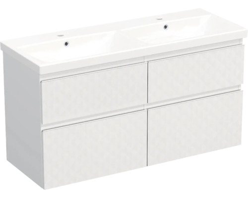Set mobilier baie suspendat Jungborn TRENTA geometric 120 cm alb mâner alb Dulap de bază pentru lavoar cu lavoar dublu și patru sertare