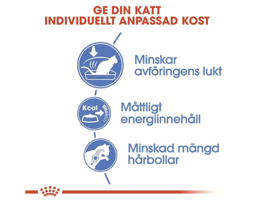 Informații despre reducerea mirosului scaunului, conținut moderat de energie și cantitate redusă de ghemotoace de păr în hrana pentru pisici