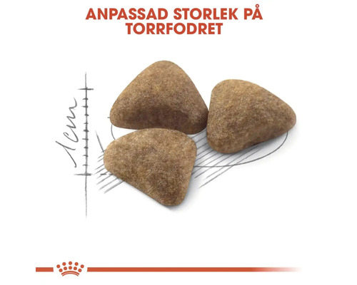 Trei bucăți de hrană uscată cu indicarea dimensiunii