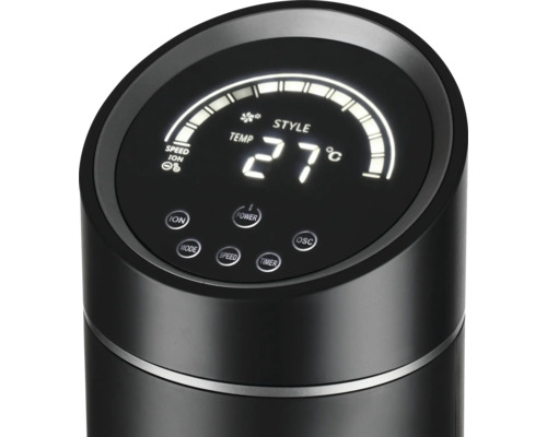 Prim-plan cu panoul de control al unui ventilator tip turn cu afișaj de temperatură și butoane funcționale