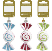 Trei globuri de pom de Crăciun în formă de bomboane cu agățători