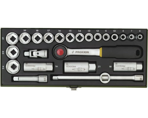 Set chei tubulare Proxxon cu clichet, extensii și tubulare în casetă metalică