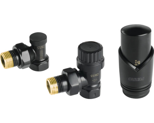 Set robineți radiator colțar (tur-retur) Ferro cu cap termostatic 1/2” negru Set robinet termostatic pentru calorifer cu cap termostatic