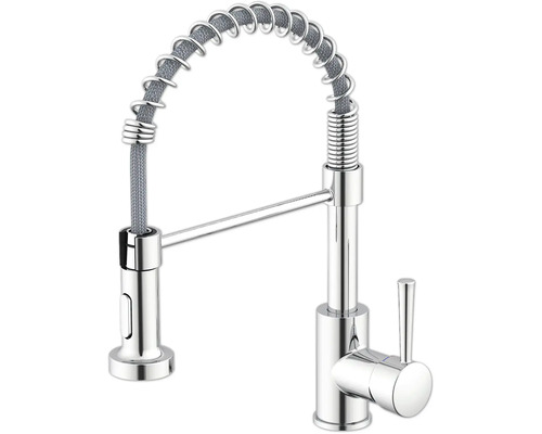 Baterie de bucătărie cu arc spiralat și robinet monocomandă