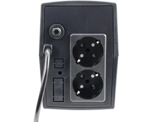 Vedere din spate a unei prize multiple cu două prize, buton de resetare și întrerupător