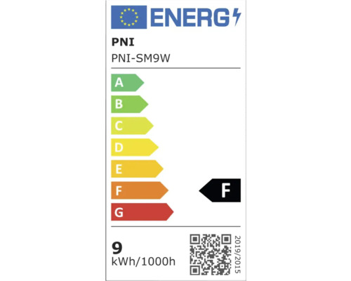 Logo PNI. Clasa de eficiență energetică F, consum de energie 9 kilowați-oră la 1000 de ore.