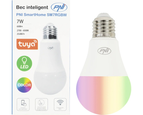 Bec LED PNI SmartHome de 7 wați cu funcție de culoare