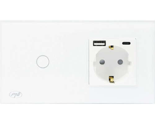 Întrerupător simplu touch, priză cu împământare & priză USB dublă(1x USB tip A+ 1x USB tip C) PNI SafeHome, alb, sticlă