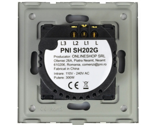 Vedere din spate a unui comutator PNI SH202G cu marcajele CE și RoHS.
