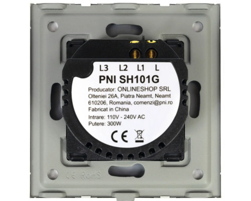 Imagine din spate a unui întrerupător cu detalii tehnice și marcaj CE