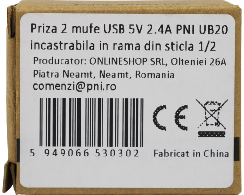 Priză USB PNI UB20 cu două porturi, 5 V 2,4 A, încorporabilă în ramă de sticlă