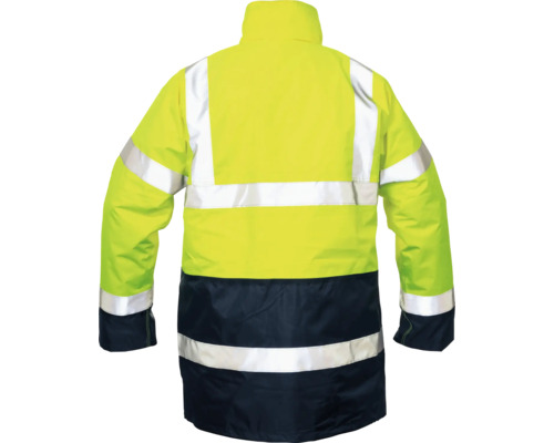 Jachetă de lucru galben-negru cu benzi reflectorizante, vedere din spate.