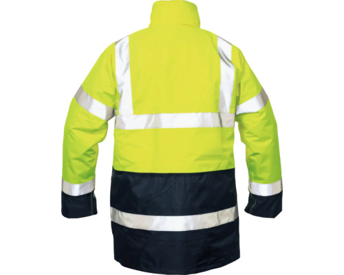 Jachetă de lucru galbenă cu dungi reflectorizante pe spate.