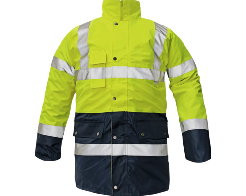 Jachetă de lucru Cerva Bi Road din poliester galbenă și bleumarin, mărimea 3XL Jachetă de lucru galbenă cu benzi reflectorizante