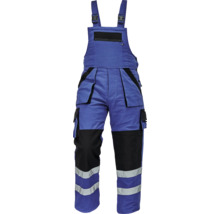 Pantaloni de lucru albaștri cu bretele, buzunare multiple și benzi reflectorizante.