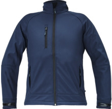 Jachetă softshell albastră cu fermoar și multiple buzunare.