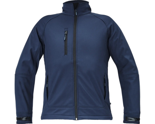 Jachetă de lucru tip Softshell Cerva Chitra din poliester bleumarin, mărimea L Jachetă softshell albastră cu fermoar și multiple buzunare.