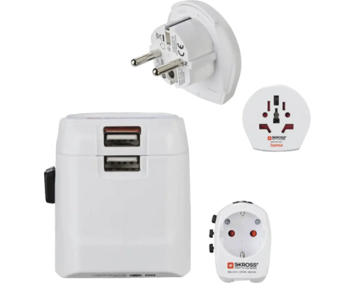 Adaptor de călătorie alb cu porturi USB în diferite vederi