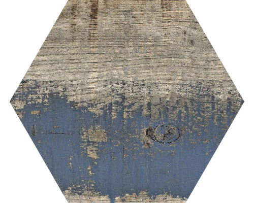 Placă hexagonală cu aspect de lemn, cu accente albastre