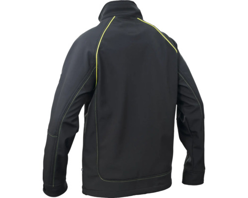 Vedere din spate a unei jachete softshell neagră cu fermoar și guler ridicat