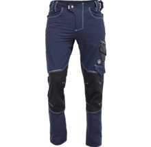 Pantaloni de lucru albaștri cu întărituri negre la genunchi și multiple buzunare.