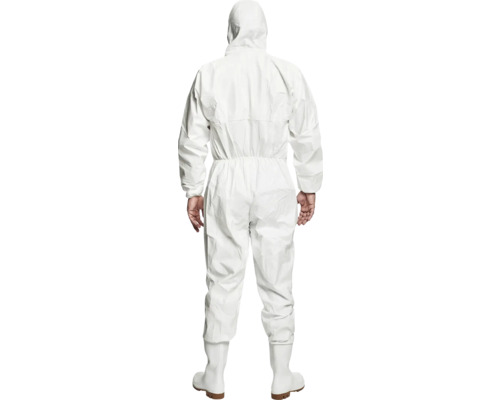 Vedere din spate a unui costum de protecție alb cu glugă și cizme