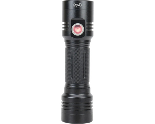 Lanternă neagră cu lumină roșie și logo PNI