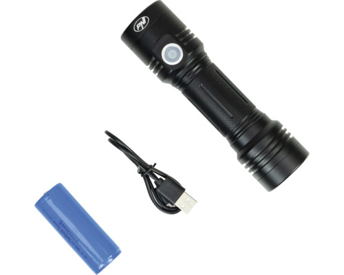 Lanternă neagră cu acumulator și cablu USB