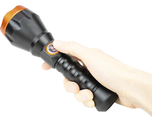 O mână ține o lanternă neagră