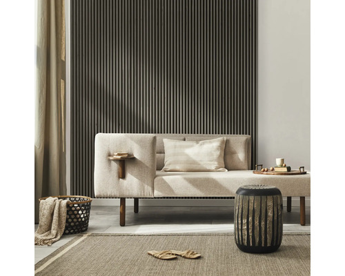 Cameră de zi cu lambriuri, canapea, covor și elemente decorative pentru o atmosferă confortabilă