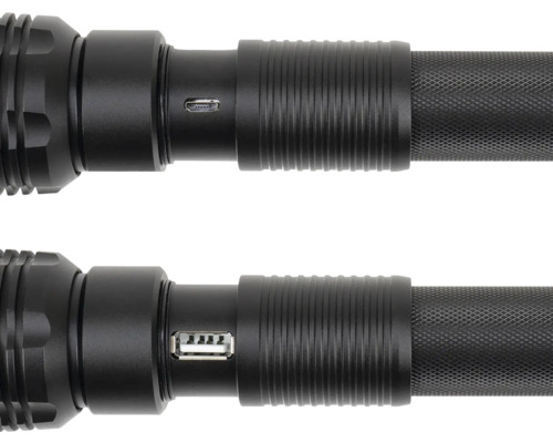 Prim-plan cu o lanternă cu porturi USB și Micro-USB