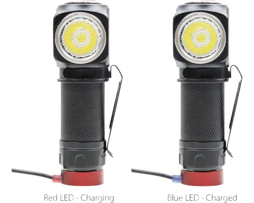 Două lanterne frontale cu LED, una cu LED roșu în timpul încărcării, cealaltă cu LED albastru după încărcare.