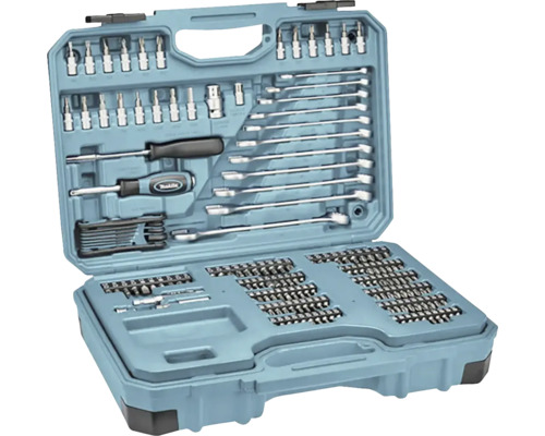 Cutie de scule deschisă cu chei, șurubelnițe și biți