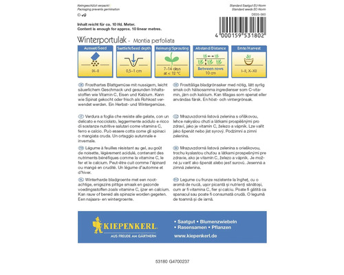 Pachet de semințe de leurdă de iarnă cu informații despre semănat, adâncimea de semănat, germinare, distanță și recoltare