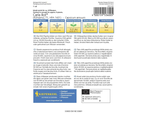 Pachet de semințe de ardei iute Carla Rot