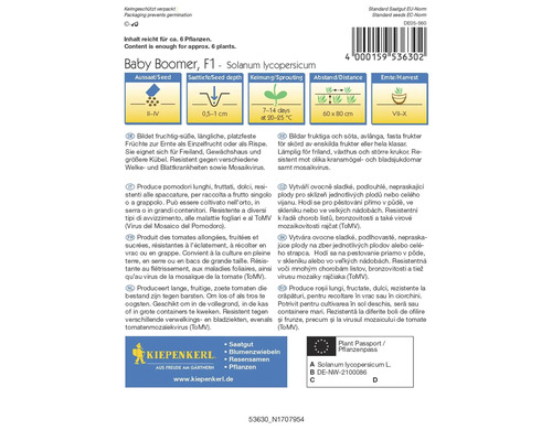 Ambalaj cu semințe de tomate Baby Boomer F1 de la Kiepenkerl cu informații despre perioada de plantare, adâncimea de semănat, germinare, distanță și perioada de recoltare