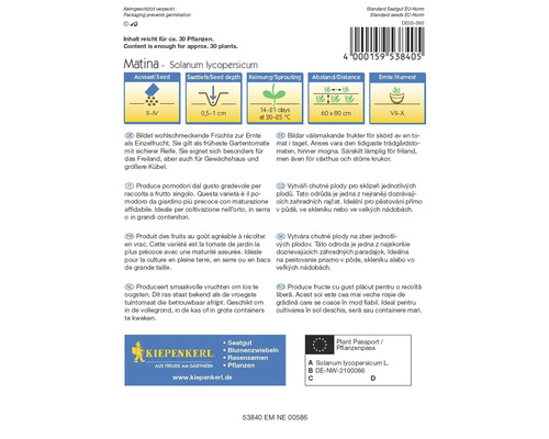 Pachet de semințe de roșii Matina cu informații despre însămânțare, adâncimea de plantare, germinare, distanță și perioada de recoltare