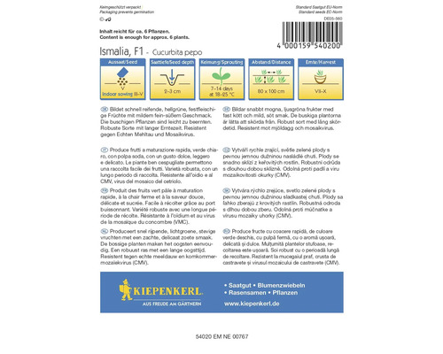 Pachet de semințe de dovleac Ismalia F1 cu informații despre semănat, adâncimea de semănat, germinare, distanță și perioada de recoltare