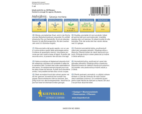 Pachet de semințe de Satureja montana perenă cu informații despre însămânțare, adâncimea de însămânțare, germinare, distanță și recoltare